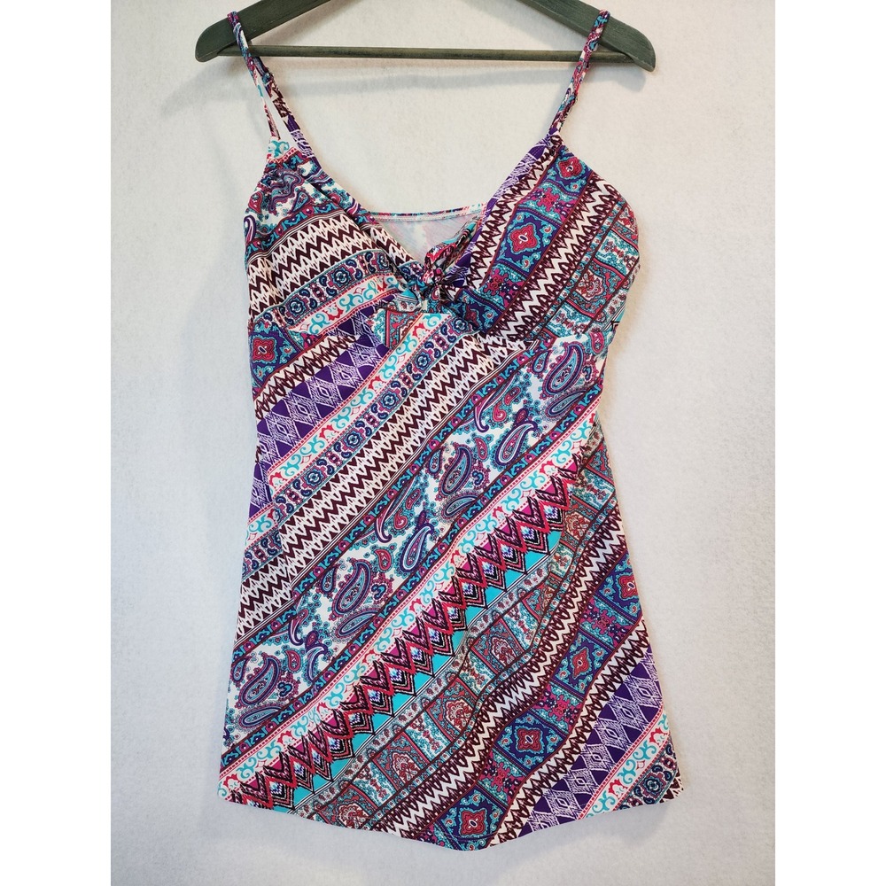 Swimsuits For All Womens Paisley Geometric Tie Front Tankini Top Multicolor 16